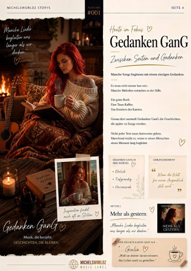 Magazinseite der Michelsworldz Stories Ausgabe 001 über Gedanken GanG mit Kamin, Buch, Gitarre und dem Song Mehr als gestern.