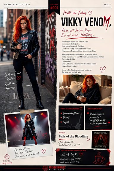 Magazinseite der Michelsworldz Stories Ausgabe 001 über Vikky VenoM mit rotem Haar, Lederjacke, Bühnenbild und dem Song Falls of the Bloodli