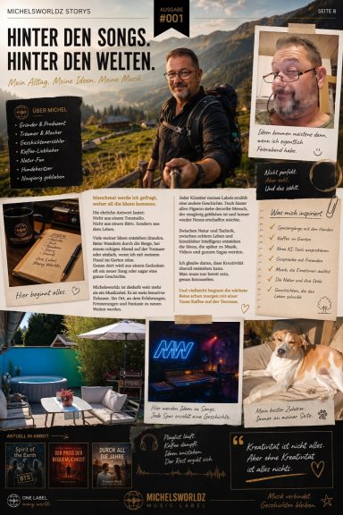 Magazinseite der Michelsworldz Stories Ausgabe 001 über Michel Himmelsbach, den Gründer des Michelsworldz Music Label, mit Einblicken in All
