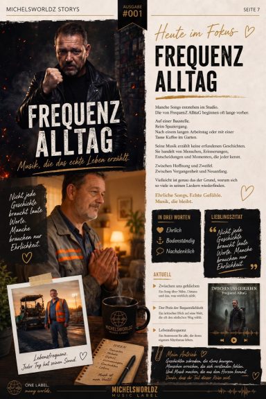 Magazinseite der Michelsworldz Stories Ausgabe 001 über FrequenZ AlltaG mit Bildern aus Arbeitsalltag, Baustelle und ruhigen persönlichen Mo
