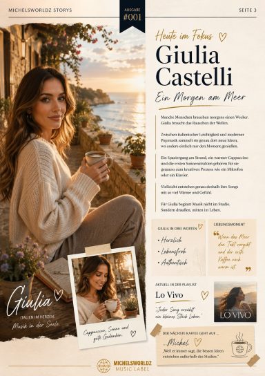 Magazinseite der Michelsworldz Stories Ausgabe 001 über Giulia Castelli am Meer mit Cappuccino und ihrem Song Lo Vivo.