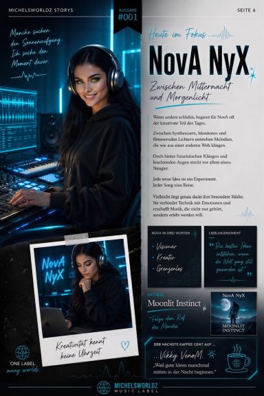 Magazinseite der Michelsworldz Stories Ausgabe 001 über NovA NyX im futuristischen Musikstudio mit Kopfhörern, blauem Licht und dem Song Moo