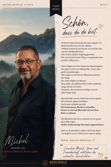 Michel, Gründer des Michelsworldz Music Labels, vor einer Berglandschaft auf der Begrüßungsseite der Michelsworldz Stories Ausgabe 001.