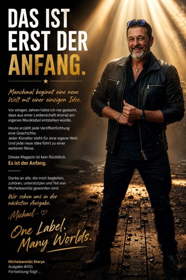 Abschlussseite der Michelsworldz Stories Ausgabe 001 mit Michel Himmelsbach, dem Gründer des Michelsworldz Music Label.